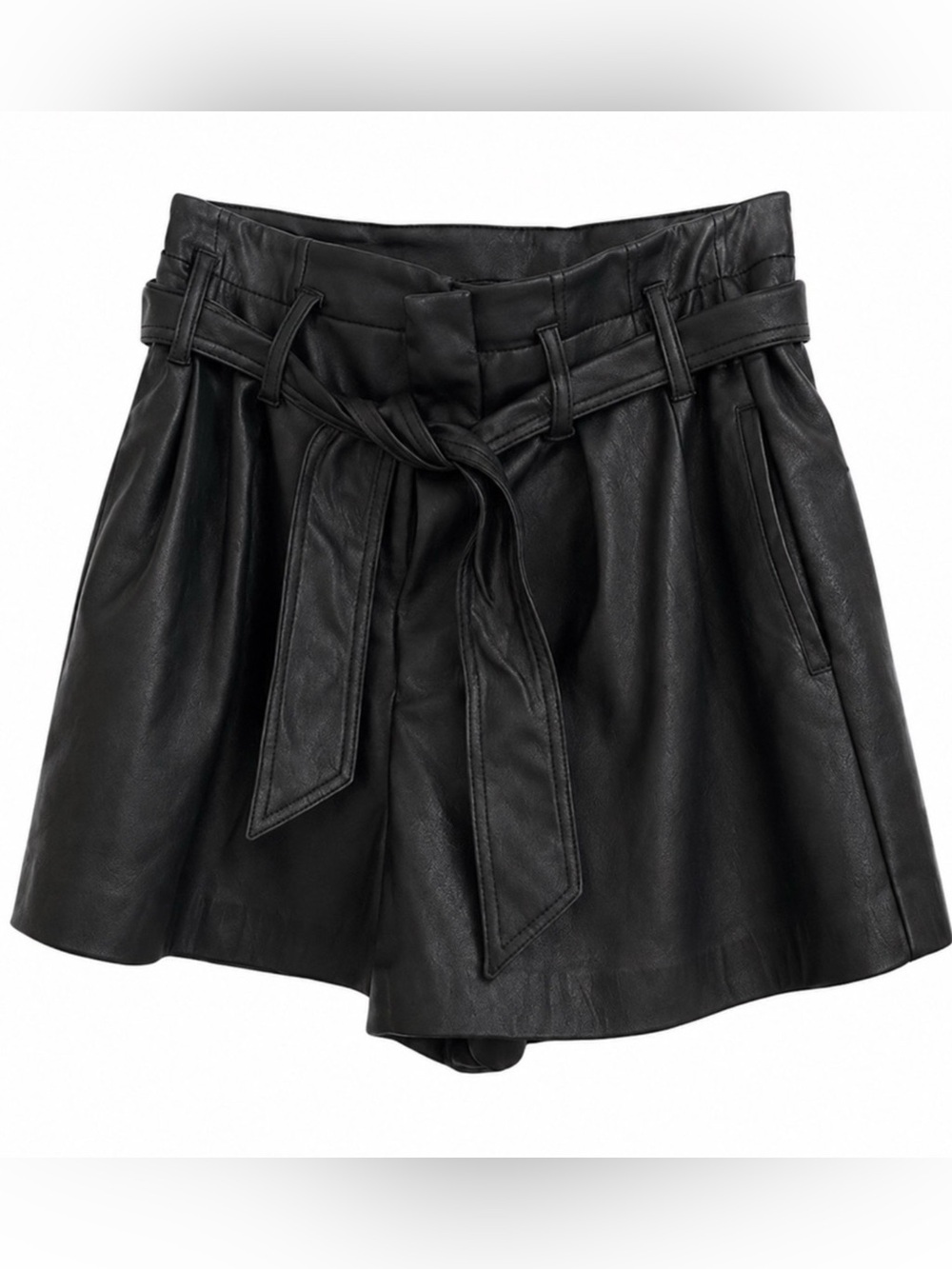 Zara Black Faux Leather Paperbag Waist Belted Shorts Size S